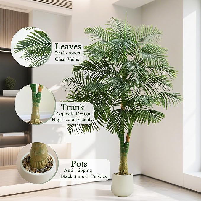 Artificial Golden Cane Palm Tree 6FT Tall Fake Plant Large Tropical Palms Trees with 3 Realistic Trunks, Faux Palm Plant Artificial Tree in Pot for Indoor Outdoor Room Patio Office Home Decor