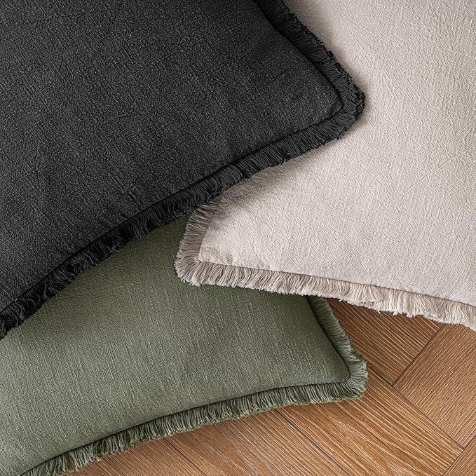 MIULEE Decorative Throw Pillow Covers Neutral Linen Fringe Throw Pillows Euro Shams Set of 2 Black Boho Farmhouse Cushion Covers for Couch Sofa Bed Living Room Spring Home Decor 26x26 Inch
