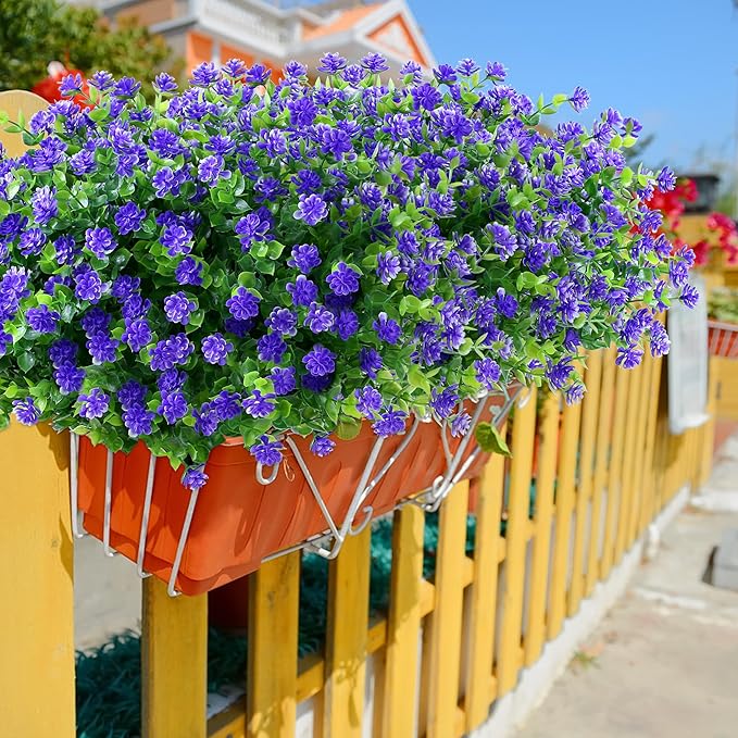 SITUMEIZI 8 Bundles Purple Artificial Flowers Outdoor Fake Flower Plastic UV Resistant Shrubs Greenery Plants Hanging Decorations Garden Porch Window Box Farmhouse Outside Summer Indoor Decor