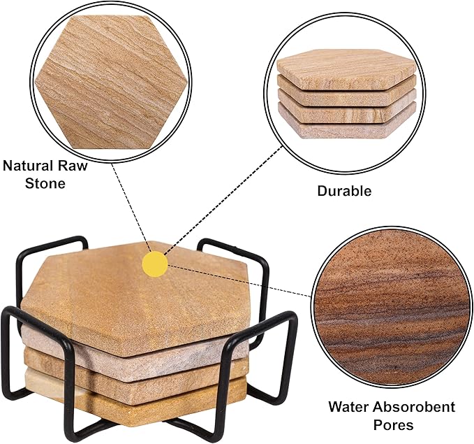 Sandstone Water Absorbent Hand Crafted Hexagon Coasters for Drinks - 4 Inches Wide Thirsty Stone Bar/Drink Coasters- Made from Rainbow Sandstone (Set of 4 Without Holder)