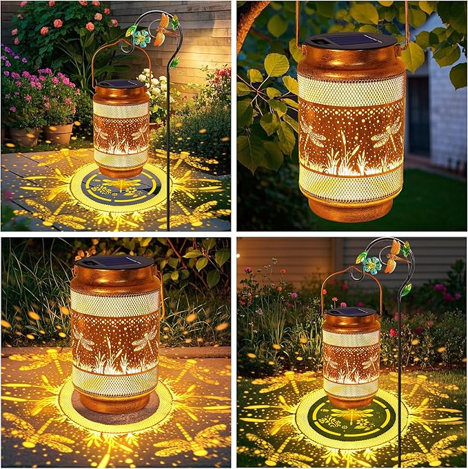 Dragonfly Solar Lanterns Outdoor Waterproof with Shepherd Hook, Birthday Gifts for Christmas Women Mom Grandma, Metal Solar Hanging Lights Garden Decor for Outside Yard Patio Pathway Backyard Porch