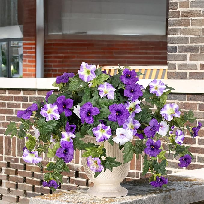 Artificial Fake Flowers Plants for Outdoor Decoration, 2PCS Faux Petunias Silk Flower UV Resistant No Fade Floral for Home Outside Garden Balcony Yard Porch Realistic Indoor Decor (Purple White)