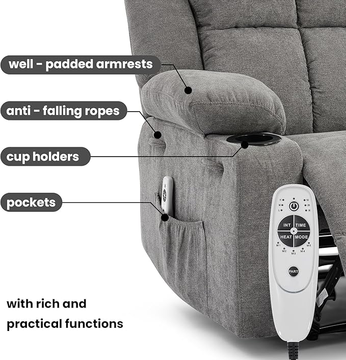 Manual Recliner Chair with Heating & Massage,Ergonomic Overstuffed Breathable Fabric Reclining Chair with Side Pockets,Q235 Steel Frame Lazy Boy Recliner Single Sofa for Living Room Bedroom