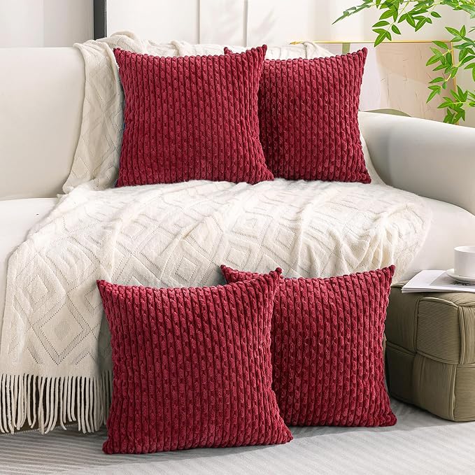 Set of 4 Burgundy Decorative Throw Pillow Covers 16x16 Inch Corduroy Pillow Covers for Bed Couch Sofa Living Room Soft Square Cushion Cases