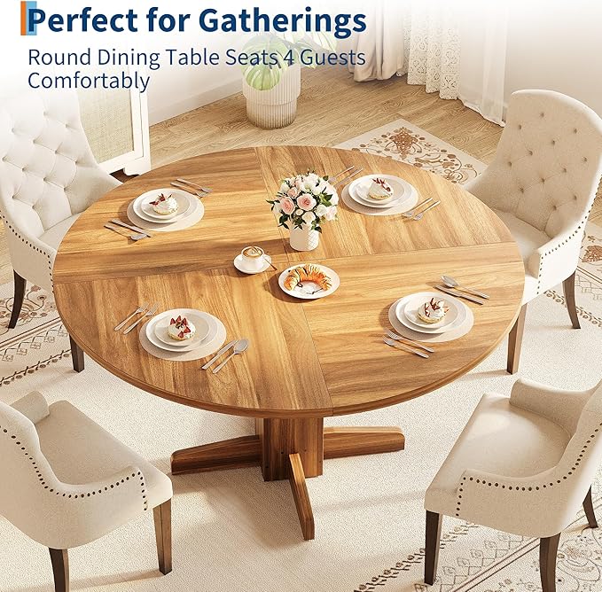 Garvee Round Dining Room Table for 4-6, 47" Wood Kitchen Table with Sturdy Pedestal Base, Farmhouse Circle Dinner Tables for Living Room, Apartment, Walnut