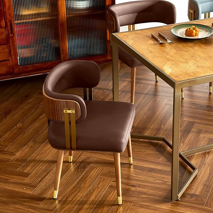Modern Mid-Century Upholstered Leather Dining Chairs with High-Resilience Foam, Walnut Wood Veneer&Gold Metal Legs,Dining Chairs with Anti-Slip Pads,Dark Grey
