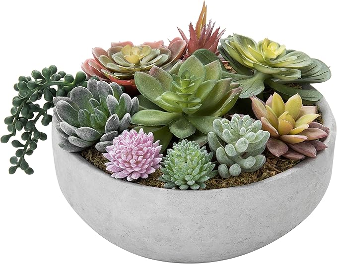 MyGift 8 Inch Round Modern Artificial Succulent Arrangement Potted in Gray Concrete Plant Bowl, Assorted Faux Mini Succulents in a Decorative Planter Pot