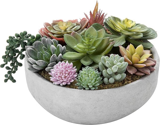 MyGift 8 Inch Round Modern Artificial Succulent Arrangement Potted in Gray Concrete Plant Bowl, Assorted Faux Mini Succulents in a Decorative Planter Pot