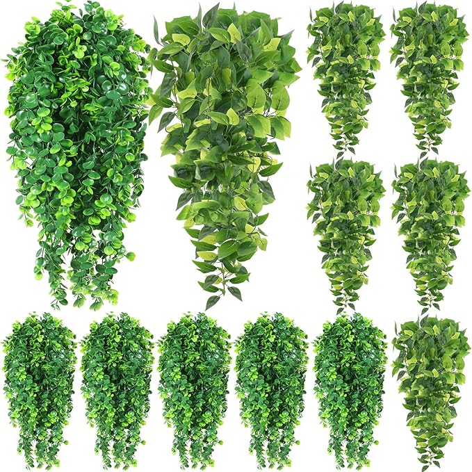 Hoteam 12 Pcs Artificial Hanging Plants 32 Inch Fake Ivy Vines with Fake Leaves Patio Artificial Plants Greenery for Living Room Indoor Outdoor Wall, No Basket (Pothos,Eucalyptus)