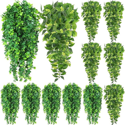 Hoteam 12 Pcs Artificial Hanging Plants 32 Inch Fake Ivy Vines with Fake Leaves Patio Artificial Plants Greenery for Living Room Indoor Outdoor Wall, No Basket (Pothos,Eucalyptus)