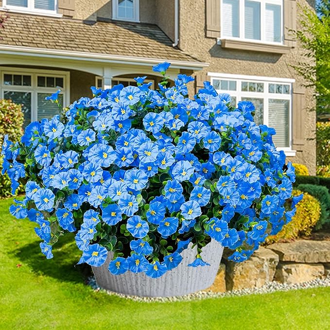 Artificial Outdoor Flowers 16 Bundles Fake Morning Glory Flower Outdoor UV Resistant Plastic Faux Flowers Plants for Decoration Indoor Outdoor Hanging Window Box Planter Home Porch Decor (Blue)