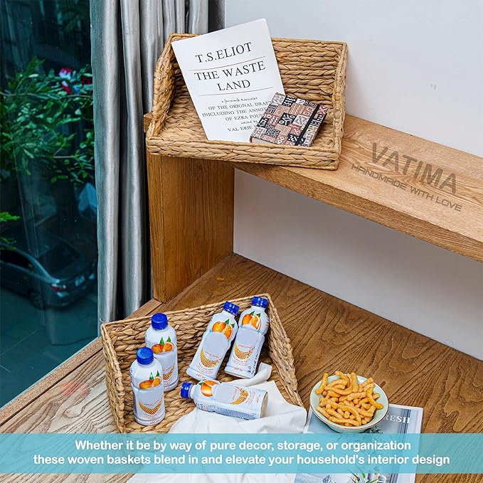 VATIMA Water Hyacinth Storage Baskets with Large Open-Front for Kitchen, Decorative for Living Room, 13.4” x 9.5” x 5.5”, 2 Pack