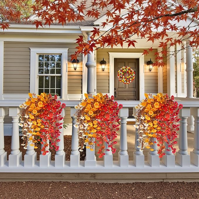 8PCS Artificial Fall Hanging Flowers for Outdoor, Fake Silk Petunias Plants, Fake Mums, Fall Outdoor Decoration, UV Resistant, Morning Glorias, for Home Garden Porch Decor (Deep Autumn)