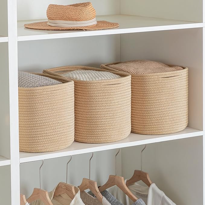 UBBCARE 3-Pack Woven Rope Shelf Baskets - 15x10x9in Decorative Storage Basket for Toys, Kids Playroom, Closet Organization & Cube Storage Organizer | Gift Basket Empty, Brown