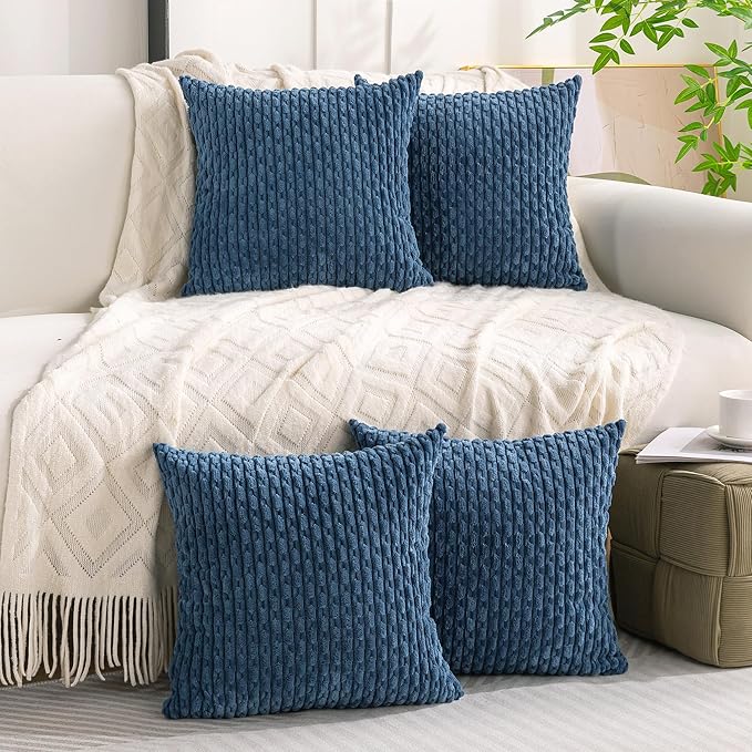 Set of 4 Blue Decorative Throw Pillow Covers 22x22 Inch Corduroy Pillow Covers for Bed Couch Sofa Living Room Soft Square Cushion Cases