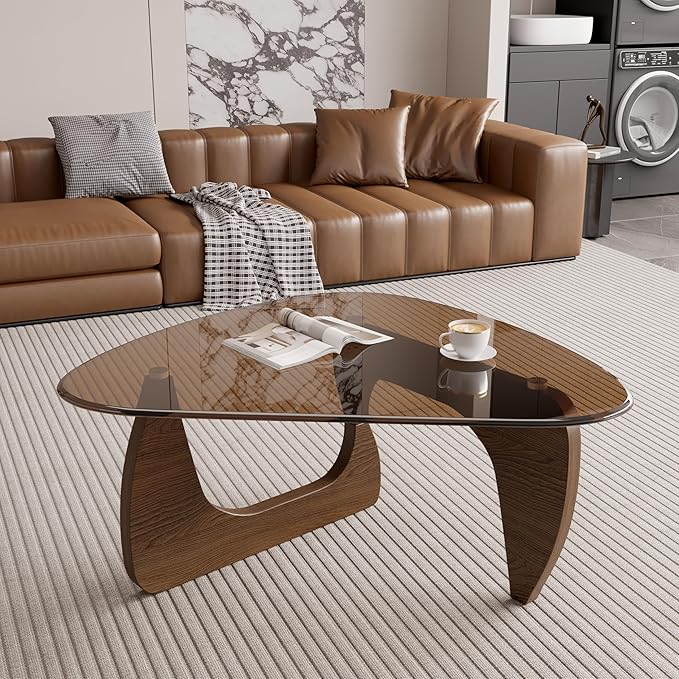 Modern Glass Coffee Table, Triangle Center Table with Tempered Glass Top& Unique Wooden Base, 42.5” Mid Century Tea Tables for Living Room, Apartment, Office,Walnut & Brown