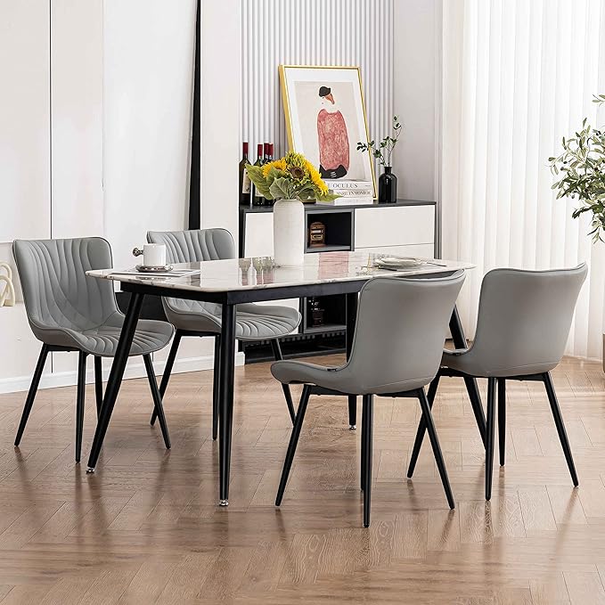 YOUTASTE Grey Dining Chairs Set of 2 Faux Leather Upholstered Kitchen Dining Room Chairs Mid Century Modern Metal Legs Chairs High Back for Kitchen Restaurant Living Room Bedrooms