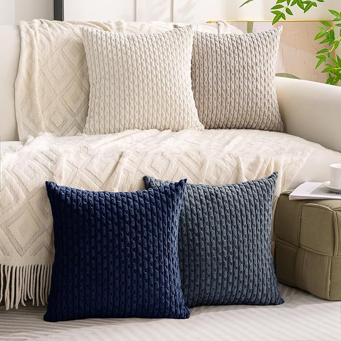 Set of 4 Navy White Taupe Decorative Throw Pillow Covers 20x20 Inch Corduroy Pillow Covers for Bed Couch Sofa Living Room Soft Square Cushion Cases