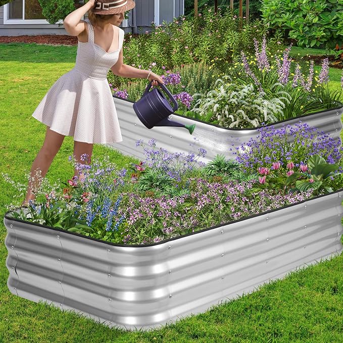1MORE Raised Garden Bed -5X3X1 Galvanized Planter Box for Outdoor Gardening,4 in 1 Modular Raised Bed Kit with Protective Tape, Gloves for Herb，Ideal for Vegetables and Plants.sliver-1Pcs