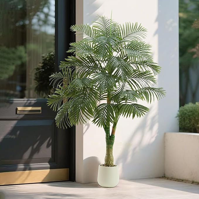 Artificial Golden Cane Palm Tree 6FT Tall Fake Plant Large Tropical Palms Trees with 3 Realistic Trunks, Faux Palm Plant Artificial Tree in Pot for Indoor Outdoor Room Patio Office Home Decor