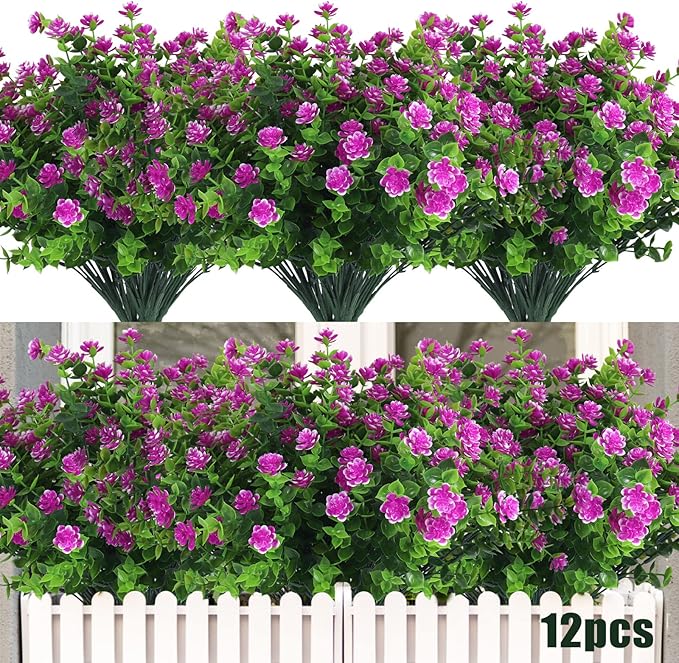 RECUTMS Artificial Flowers Outdoor UV Resistant Fake Plants Indoor Outside Hanging Planter, 12 Bundles Outdoor Fake Flowers UV Resistant Faux Plastic Plants Garden Porch Window Box Décor（Fuchsia）
