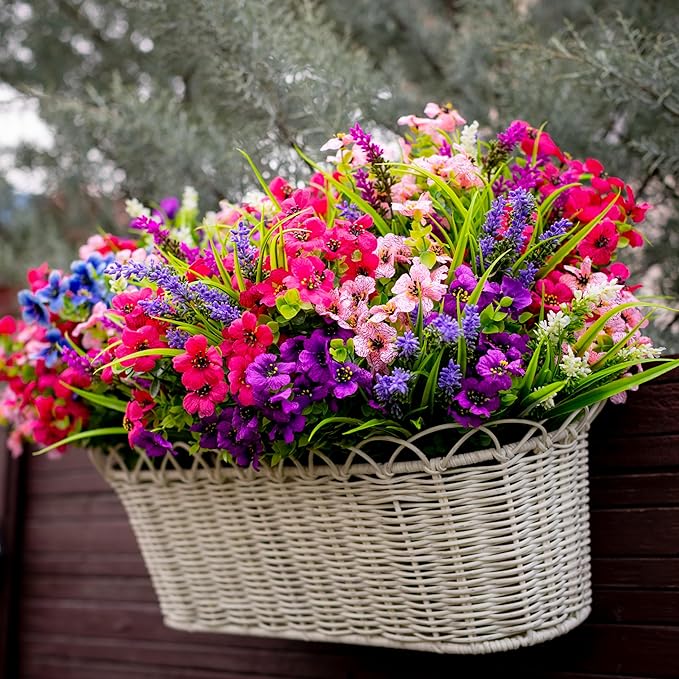 Artificial Flowers Outdoor Shrubs - 16 Bundles Fake Plants UV Resistant No Fade Faux Plastic Greenery Home Garden Porch Patio Decoration Office Indoor (1, Multi-16pcs)