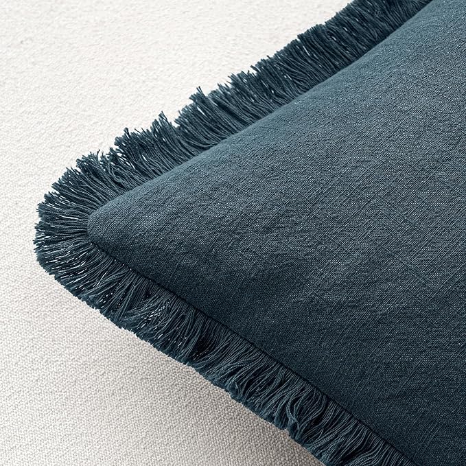 MIULEE Decorative Throw Pillow Covers Neutral Linen Fringe Throw Pillows Euro Shams Set of 2 Navy Blue Boho Farmhouse Cushion Covers for Couch Sofa Bed Living Room Spring Home Decor 22x22 Inch