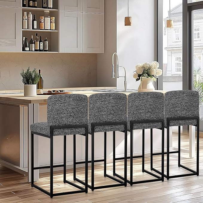 ALPHA HOME 24" Bar Stools Set of 4 Kitchen Counter Stools with Back, Counter Height Stools with Upholstered Footrest for Kitchen Island, Metal Steel Frame, Chenille, Black