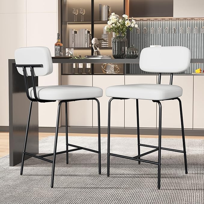 Counter Height Bar Stools Set of 2, 26" Faux Leather Kitchen Counter Stools with Backs, Metal Legs, Footrest, Bar Chairs for Kitchen Island, White