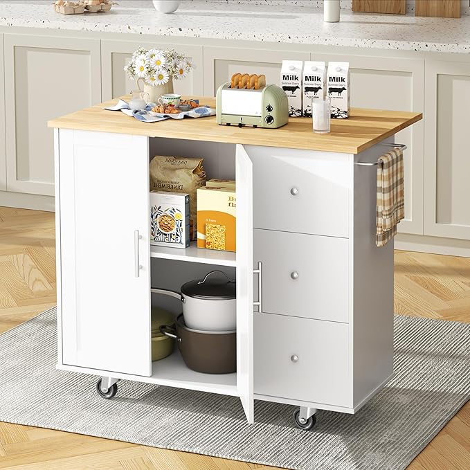 Shintenchi Kitchen Island with Folding Drop Leaf, Rolling Island Table with Storage, Kitchen Cabinet on Wheels with Seating Area for Kitchen, Bar Cart with Cabinet, White