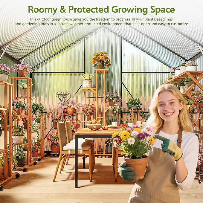 Wanan 8x16FT Greenhouses for Outdoors, Quick Assembly Polycarbonate Green House with UV Protection, Heavy Duty Windproof Aluminum Frame, Adjustable Roof Vent for Backyard or Outdoor Garden Use