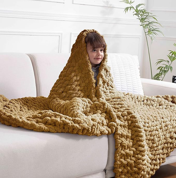 clootess Chunky Knit Blanket Knitted Throw Crochet Chenille Yarn Woven for Bed Sofa Textured Thick Cable Decor (Khaki 40x60 in)