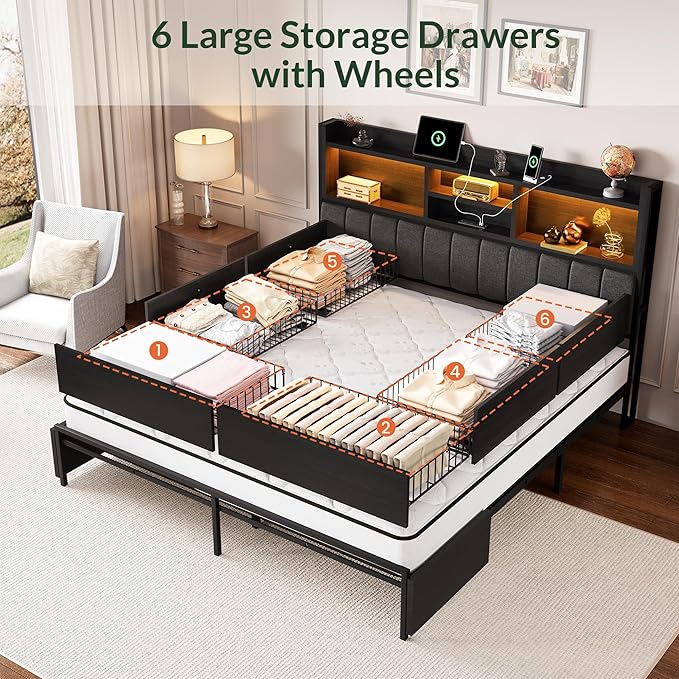 LARMACE King Bed Frame with 6 Storage Drawers, Bed Frame King Size with Linen Upholstered Headboard, Built in Charging Station and LED, No Noise, Metal Support, No Box Spring Needed,Vintage Black