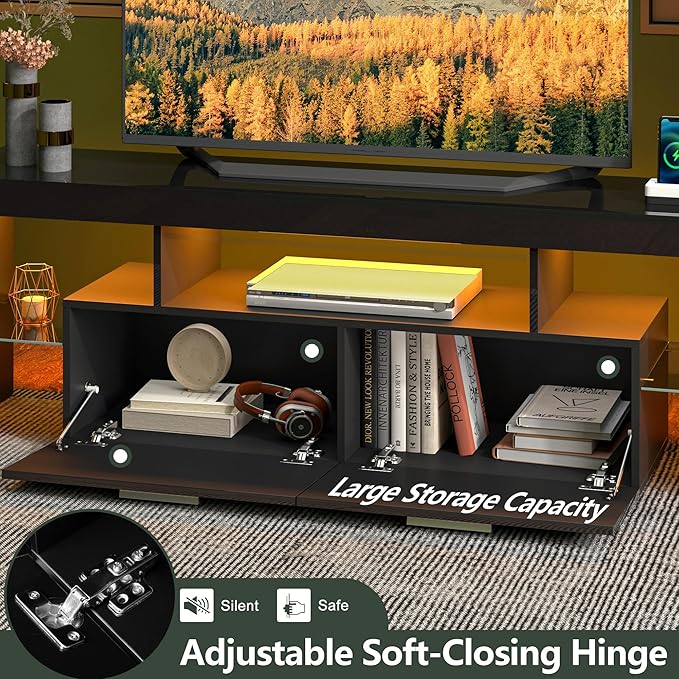 Clikuutory Modern LED Black 67 inch TV Stand with Power Outlet and Large Storage for 40 50 55 60 65 70 75 Inch TVs, Wood TV Console with High Glossy Entertainment Center for Living Room, Bedroom