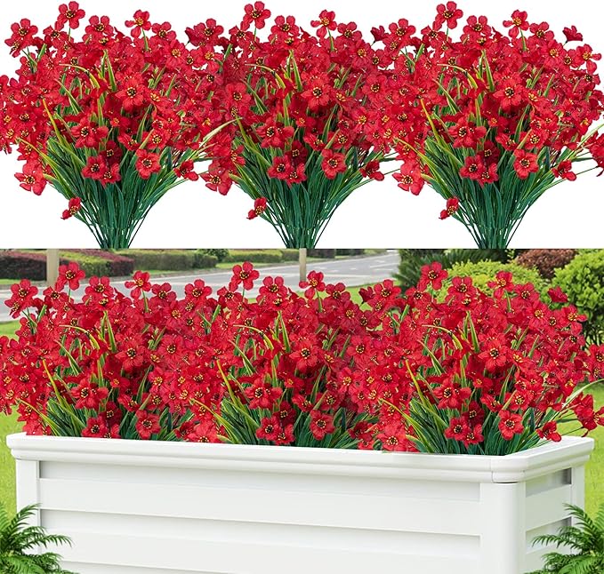 Lnoicy 12 Pcs Artificial Flowers for Outdoor,Plastic Flowers Decoration, UV Resistant Faux Flowers Shrubs, Artificial Plants for Indoor Outside Garden Home Wedding Farmhouse（Red）