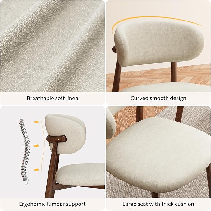 Kitchen Dining Chairs Set of 4 Modern Soft Linen Farmhouse Dining Room Chair with Metal Legs, Beige/Walnut