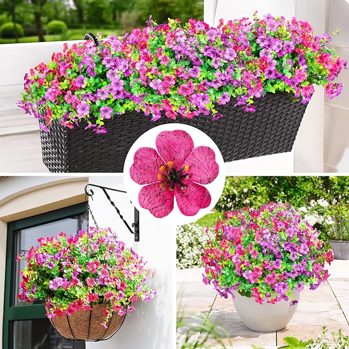 Artificial Flowers for Outdoors,Faux Flowers Daisy with Eucalyptus Leaves for Indoor Garden Home Decoration,UV Resistant Artificial Flower Fake Plants for Porch Patio, 12 Bundles (Purple Pink)