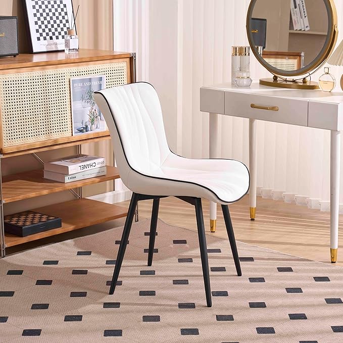 Kidol & Shellder White Dining Chairs Set of 2,Faux Leather Upholstered Mid Century Modern Kitchen&Dining Room Chair with Back,Ergonomic Armless Vanity&Living Room Chair with Metal Legs