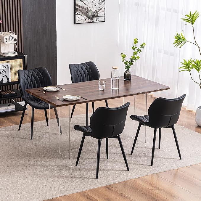 YOUNIKE Dining Chairs Set of 2, Upholstered Faux Leather Kitchen & Dining Room Chairs, Modern Living Room Bedroom Side Chairs with Wide Wing Back and Adjustable Metal Legs, Black