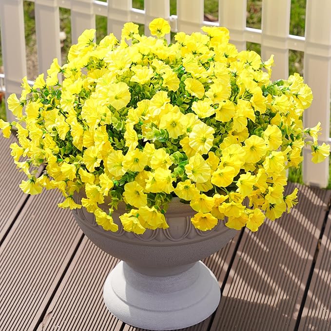 Fake Mums Fall Artificial Flowers Plants for Outdoors Autumn Decoration, 12 Bundles Yellow Silk Morning Glory with Eucalyptus Realistic UV Resistant Faux Flowers for Outside Planter Yard Garden Porch