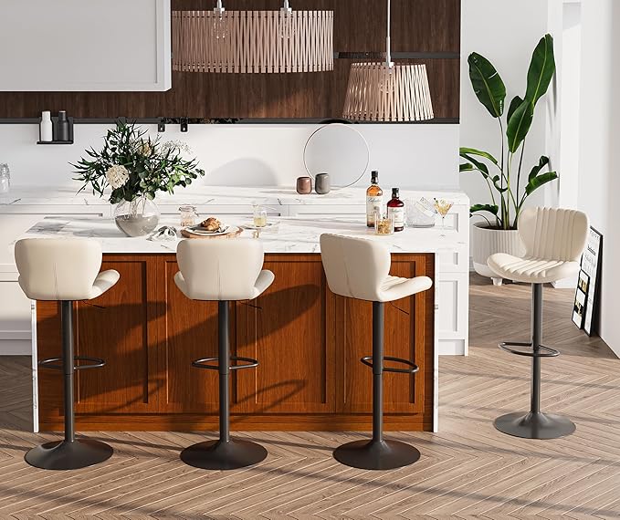 Bar Stools Set of 4, Modern Swivel Bar Stools with Shell Shaped Backrest, Adjustable Counter Height Bar Chairs for Kitchen, Island, Bar, Dining Room, White