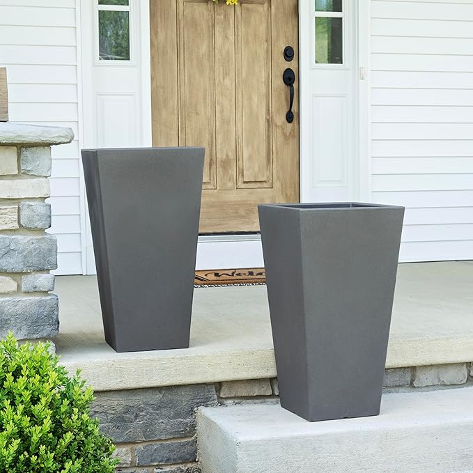 Step2 Tremont Tall Square Tapered Planter, Large Planters for Outdoor Plants, Gardening and Flower Pot for Patio or Porch, Efficient Drainage, Durable Plastic, Dark Cedar, 1-Pack