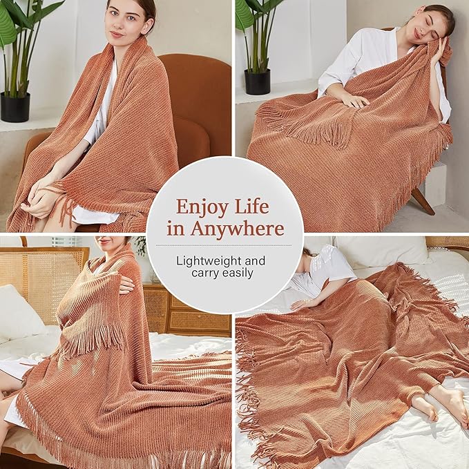 Blagic Knitted Throw Blanket for Couch Soft Farmhouse Boho Throw Blanket with Tassels Home Decorative Lightweight Throw Blankets,Maple Brown Throws for Bed/Chair/Sofa, Stripe Textured,60" W x 80" L