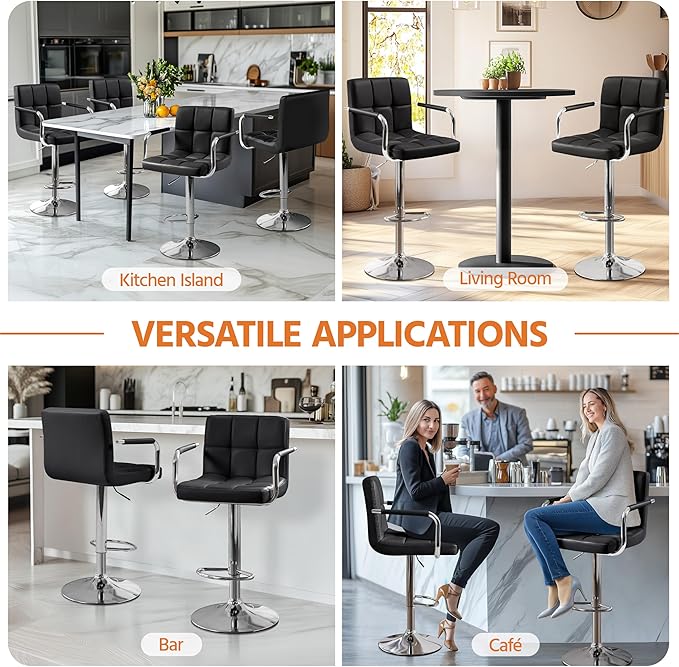 Yaheetech Bar Stools Set of 2, PU Leather Adjustable Swivel Barstools, Hydraulic Kitchen Counter Height Bar Chairs with Armrest and Back for Kitchen, Dining Room, Black