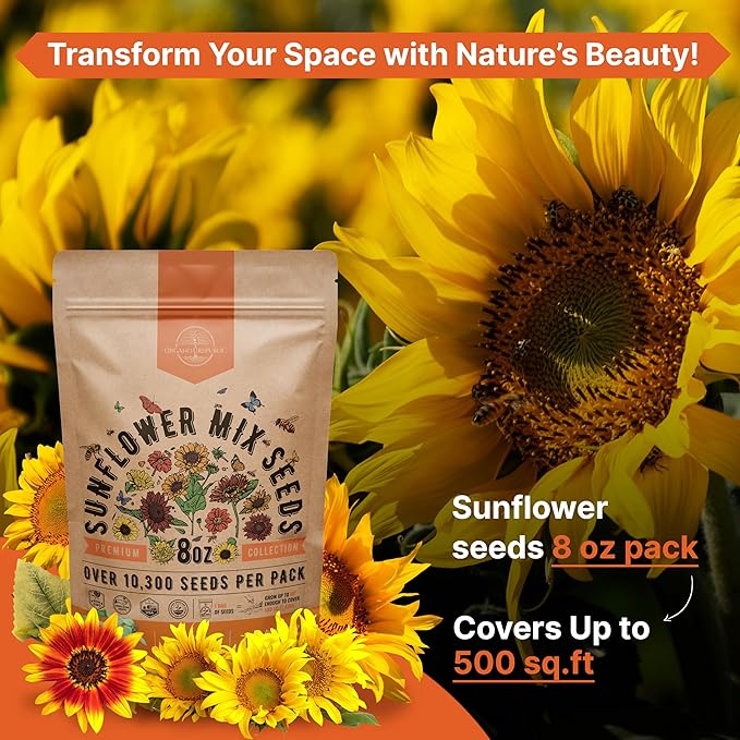 Sunflower Mix Seeds Pack 8 oz - Over 10,300 Non-GMO Heirloom Sunflower Seeds for Planting, Annual Flowers in Individual Seed Packet for Planting Home Garden Indoor & Outdoor Gardening
