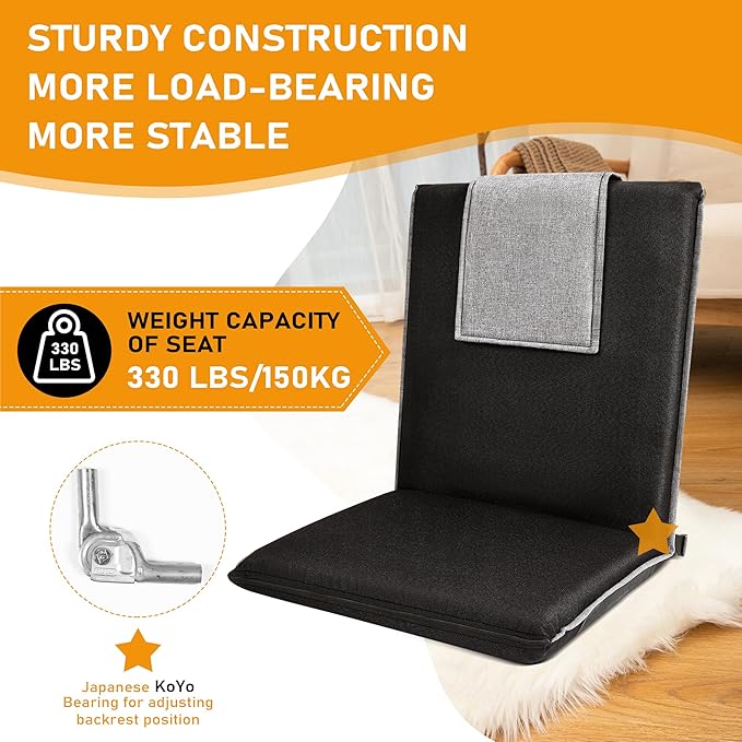 Floor Chair with Back Support 14-Position Adjustable Floor Chair Portable Ground Seating for Adults & Kids Foldable Meditation Seat with Japanese KOYO Bearings & Washable Linen Cover (Black)