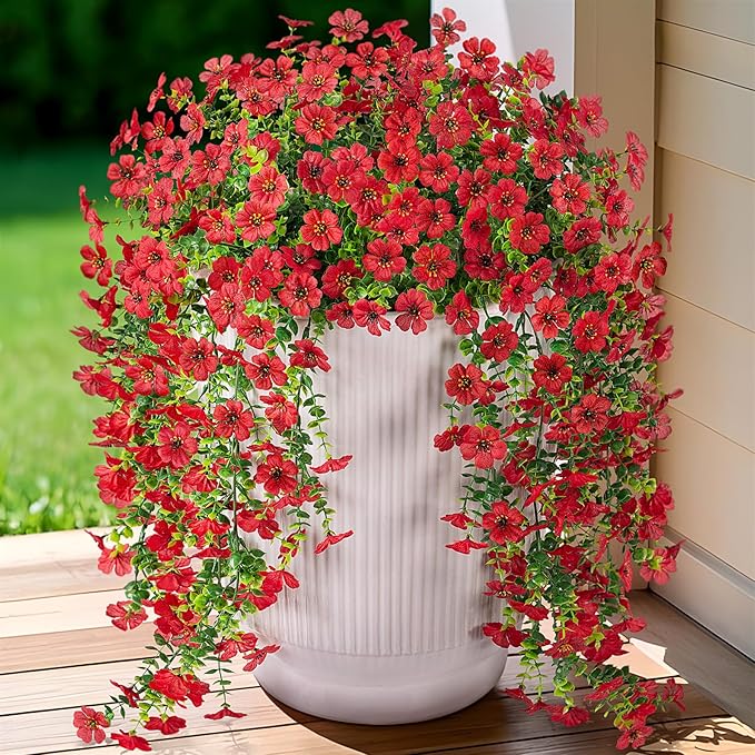 Artificial Hanging Flowers for Outdoors Faux Plants Decoration, 2 Packs Fake Silk Daisy Flower Realistic Outdoor Flowers UV Resistant Porch Patio Window Yard Outside Decor(Red)