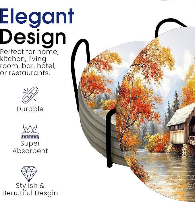 Fall Season Leaves Round Coasters Set of 6 - Abosrbent Ceramic Coasters with Metal Stand for Drinks, Coffee, Non-Slip Cork Back for Tabletop Protection, 4 Inches (Bridge)