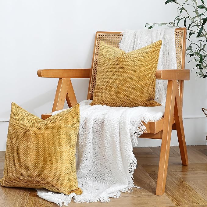 Stellhome Pack of 2 Woven Textured Decorative Throw Pillow Covers Soft Chenille Accent Luxury Cushion Cases for Living Room Couch Bed Sofa Farmhouse Boho Home, 20x20 inch, Mustard Yellow