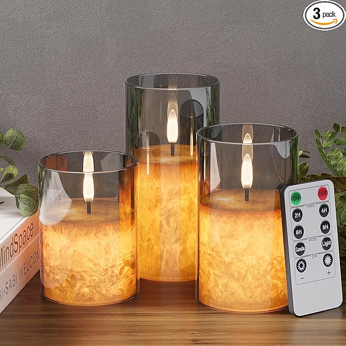 Ice Crystal Real Wax Glass Flameless Candles with Remote & Timer, Battery Operated Candles with Warm Flickering Flame, Realistic LED Candle for Wedding Home Decor [D3×H4/5"/6"] Grey, 3Pack